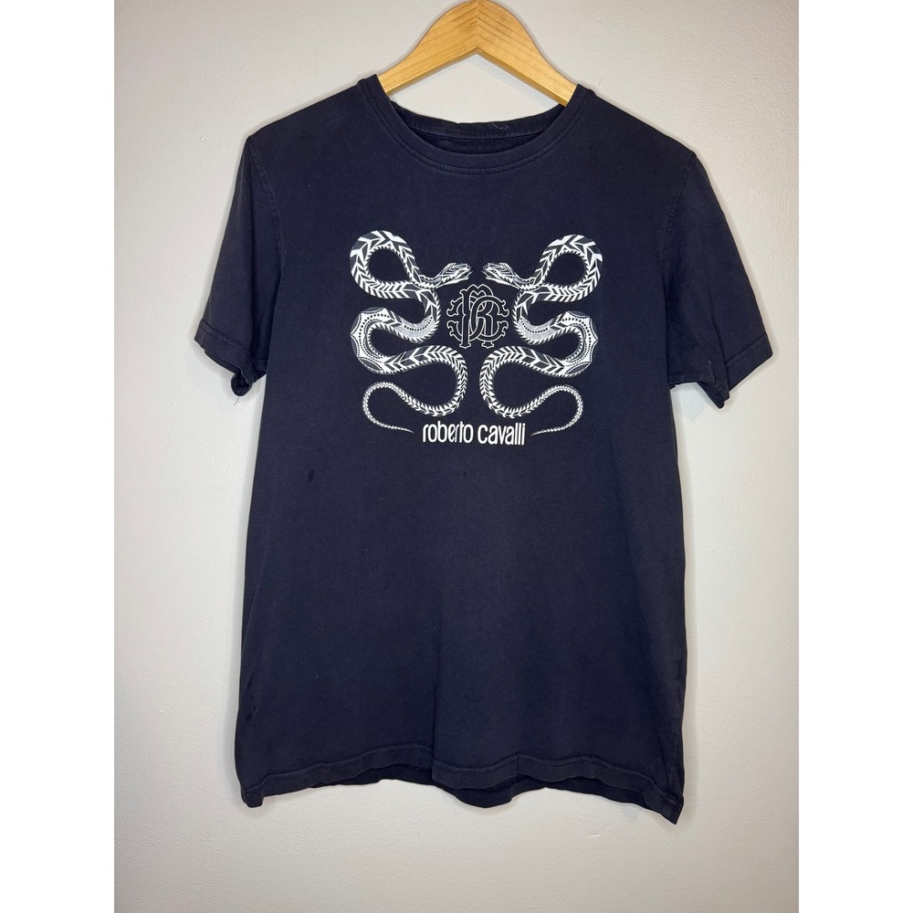 Roberto Cavalli Mens Snake Graphic Logo T-Shirt Black XL Short Sleeve Tee
